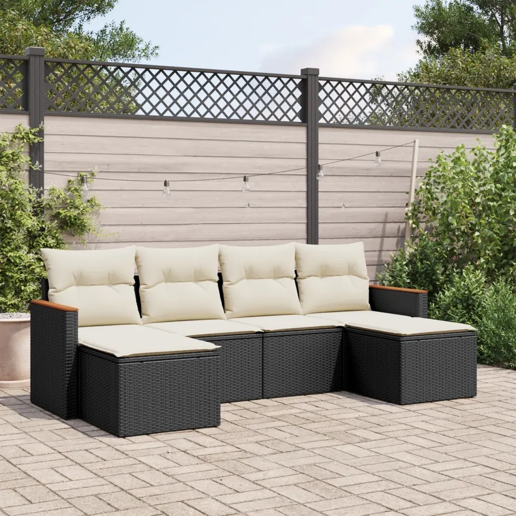 Set Divano da Giardino 6 pz | Set Salotto da Giardino con Cuscini Nero in Polyrattan