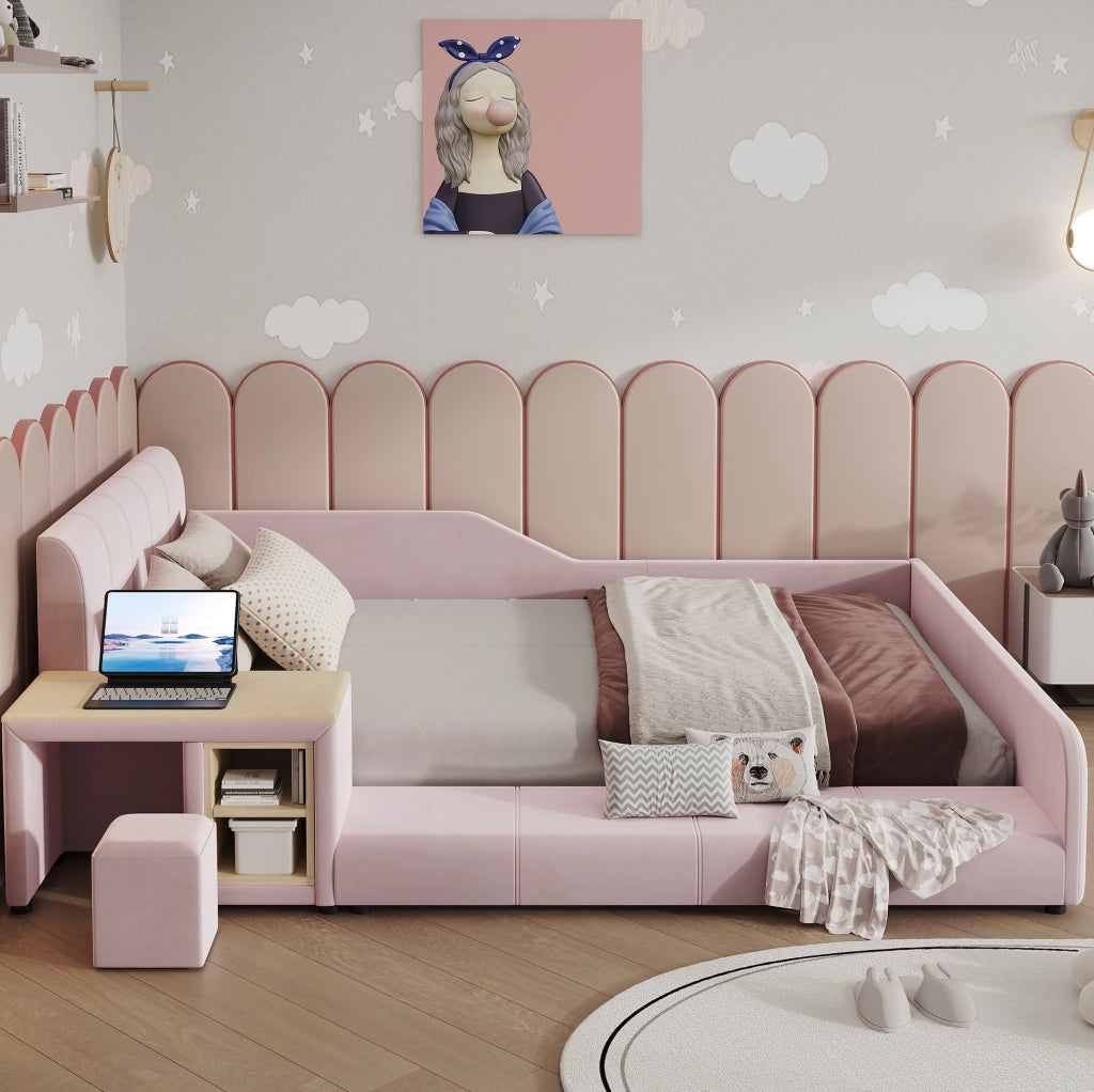 Letto imbottito per bambini con scrivania, sgabello e mensola 140x200 cm rosa