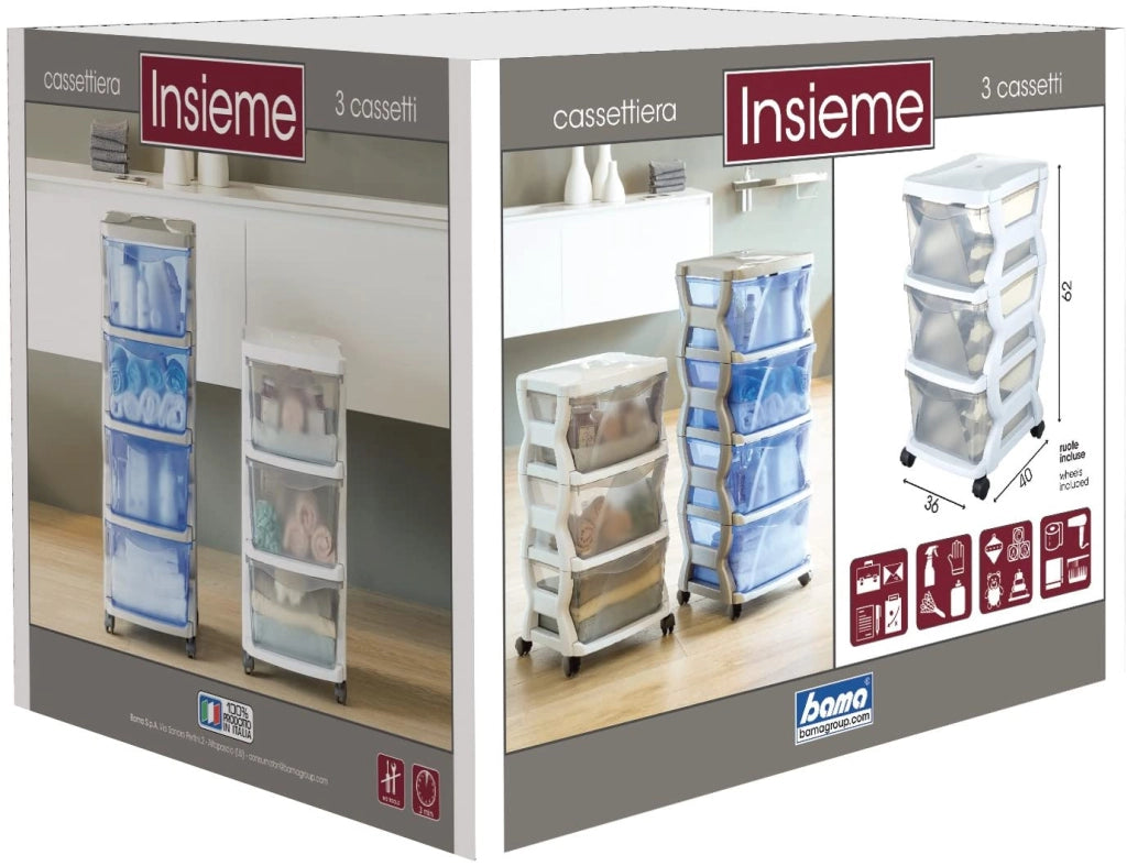 INSIEME 3 CASSETTI CON RUOTE BIANCO 36 X 40 X 62 CM