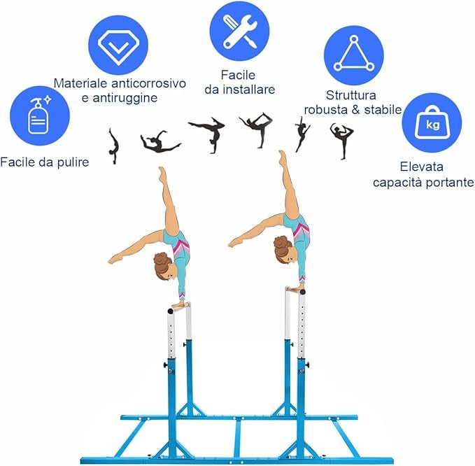 Parallele Doppie per Ginnastica, Sbarre Orizzontali Doppie con Larghezza Regolabile e 11 Altezze, capacità di Carico di 100 kg, Sbarre di Allenamento per Bambini 6-12 Anni