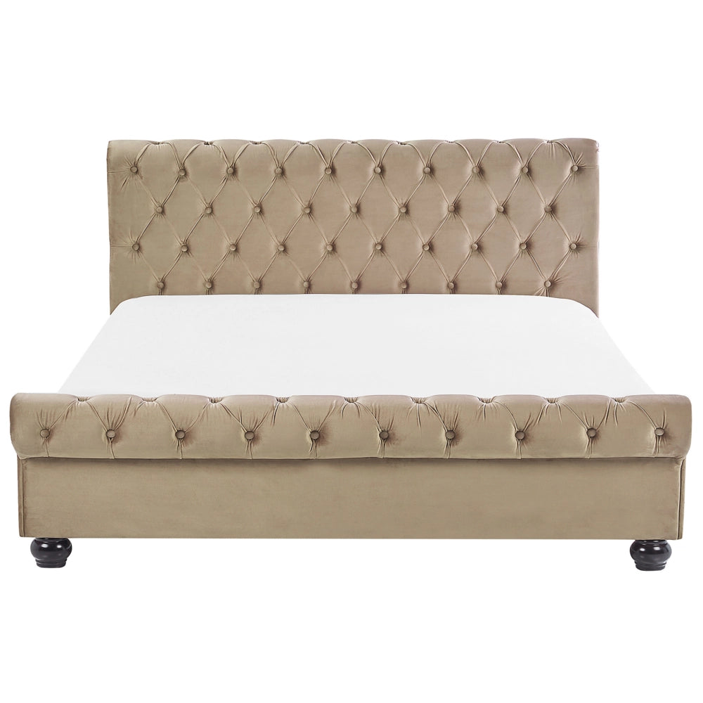 Letto rivestimento in velluto beige Gambe in legno Nero 180 x 200 cm abbottonato Glam