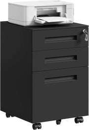Cassettiera da Ufficio Scrivania Studio con Rotelle Mobiletto con 3 Cassetti e Serratura per Documenti Cartelle Sospese Cancelleria, Pre-Assemblato, metallo Nero SK023sz