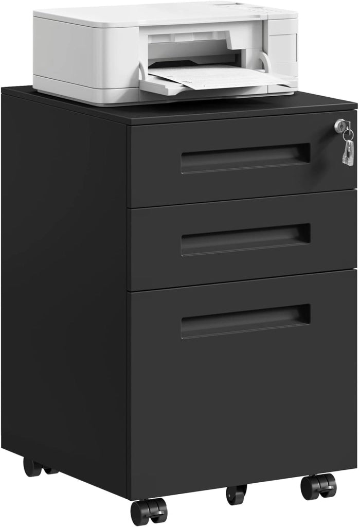 Cassettiera da Ufficio Scrivania Studio con Rotelle Mobiletto con 3 Cassetti e Serratura per Documenti Cartelle Sospese Cancelleria, Pre-Assemblato, metallo Nero SK023sz