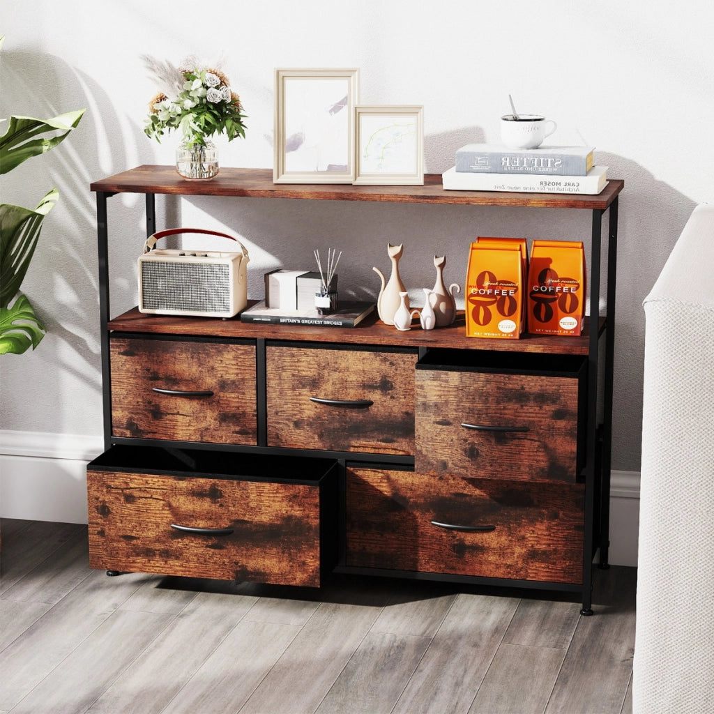 Com¨° per camera da letto con 5 cassetti cassettone in legno, Com¨° unit¨¤ organizzatore per conservazione Marrone
