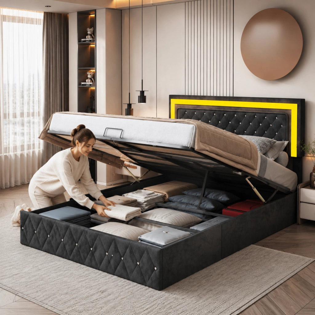 Letto con vano contenitore idraulico 160x200cm, rivestimento velluto nero, testiera trapuntata LED RGB controllabile da telecomando