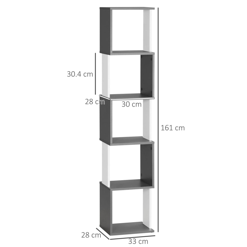 Libreria Moderna Salvaspazio a 5 Ripiani in Legno, 33x28x161cm, Grigio e Bianco