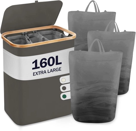 Wascompartimento a 3 cassetti 160L con 3 sacchi di bucato Grande cassetto di separazione della biancheria pieghevole in legno di bambù Cassettiera da bucato alta, colore grigio scuro