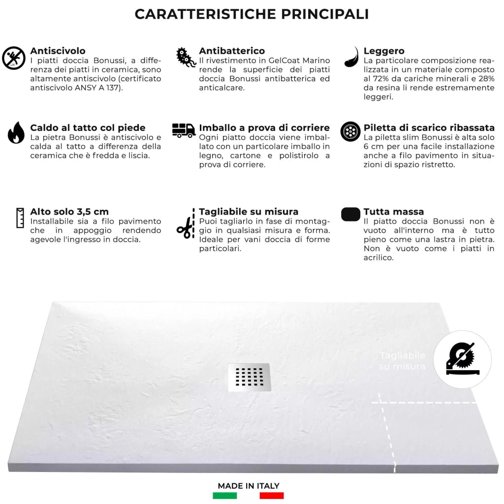 Piatto Doccia in Pietra 75x100 cm Bonussi Ardesia Stone Central Bianco