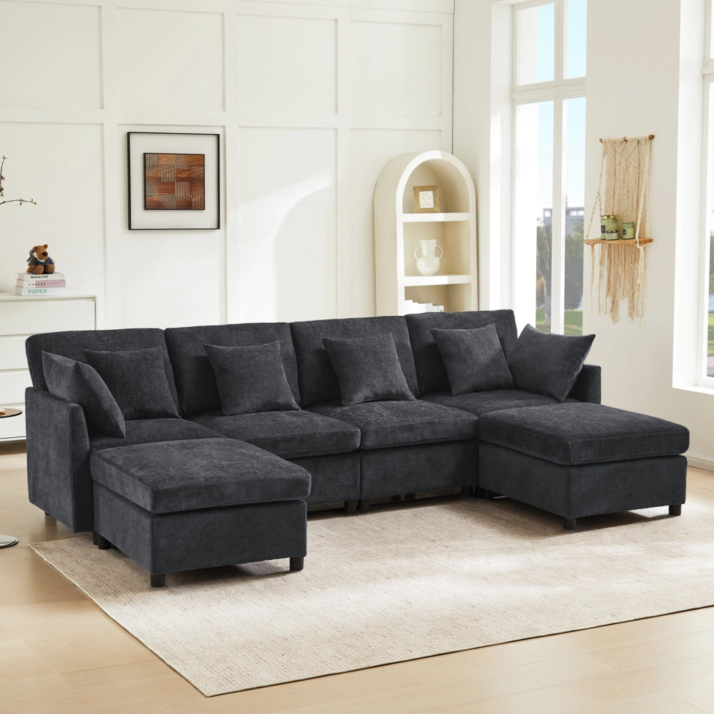 DIVANO MODULARE convertibile in U o L 278x161x81 cm Chenille grigio con 2 pouf e 6 cuscini