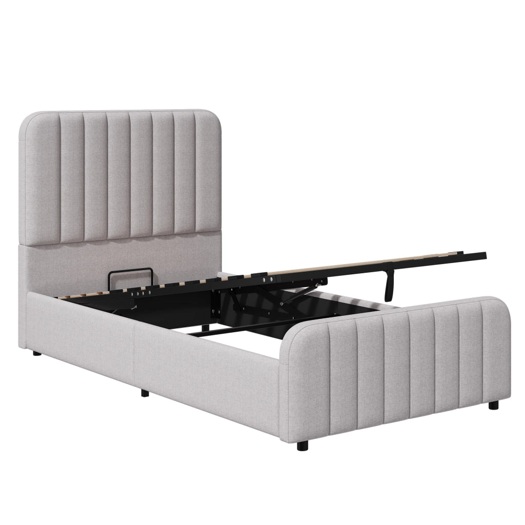 Letto imbottito singolo 90x200 cm con rete a doghe, contenitore idraulico, testiera e struttura in lino grigio
