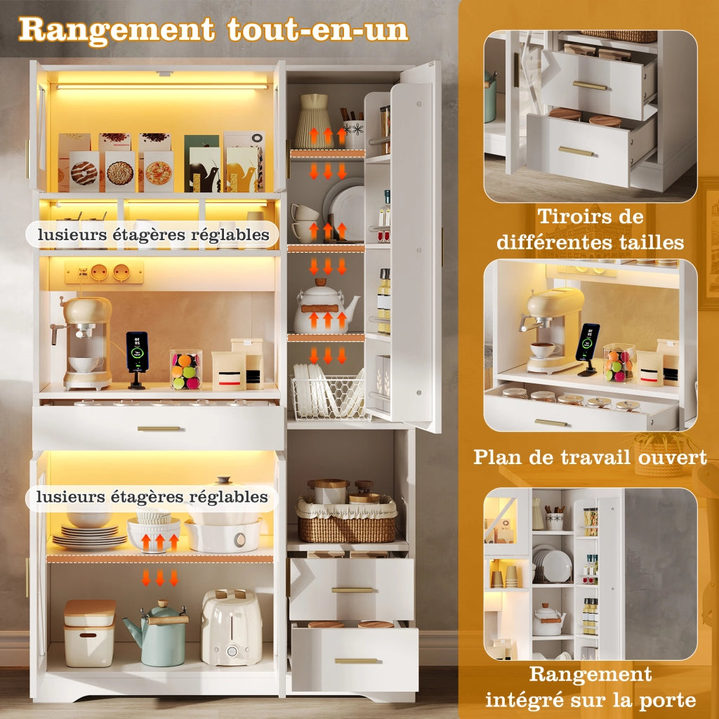 Credenza con LED a colori e prese, ante in vetro e ripiani regolabili, per cucina e soggiorno, bianca 185 × 105 × 40 cm