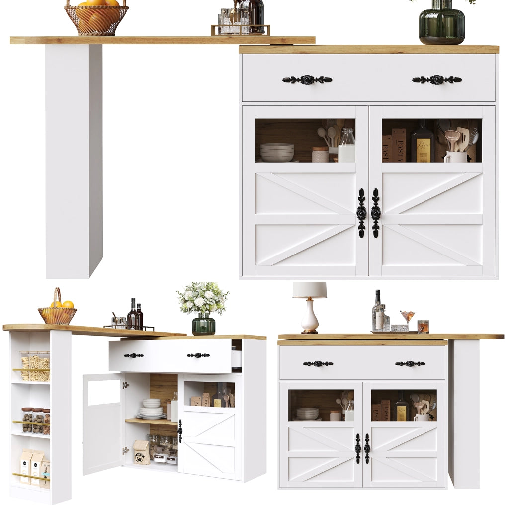 Tavolo Bar Allungabile con 1 Cassetto; 3 Ripiani e Piano Girevole a 360°; in MDF; 138-204x39x104 cm; Bianco