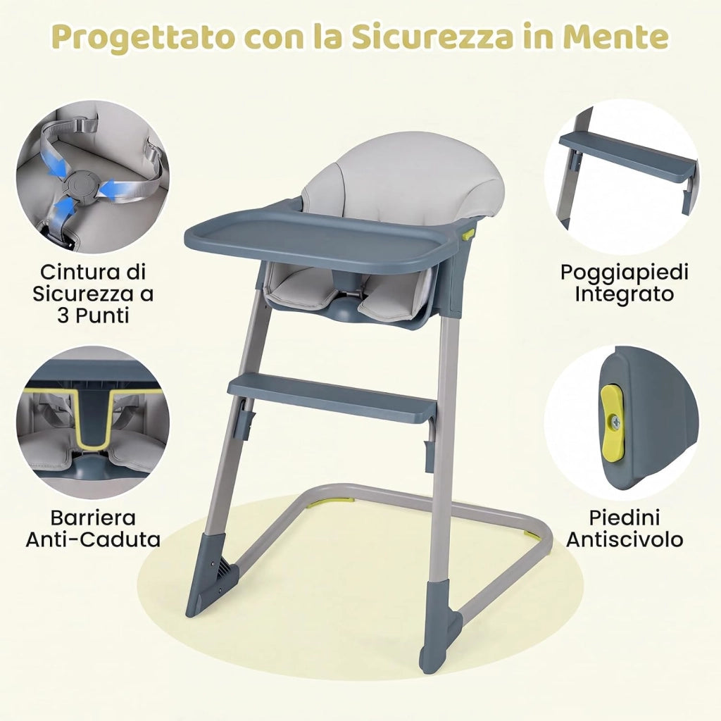 Seggiolone Pappa in PP, con Vassoio e Cuscino Rimovibili | Seggiolone Alto per Bambini, Cintura di Sicurezza, Barriera Anticaduta e Poggiapiedi per Neonati 6-36 Mesi