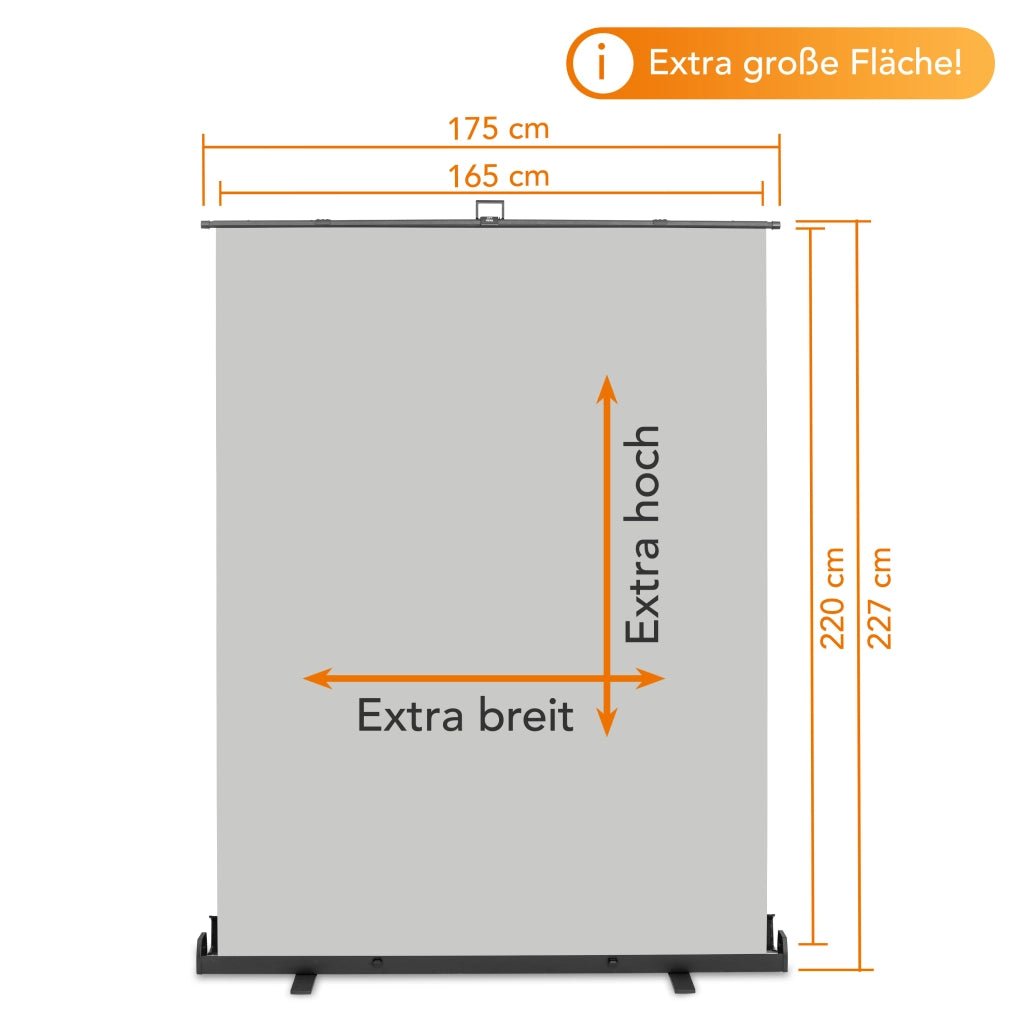 Fondale fotografico roll-up grigio 165x220, sfondo portatile con scatola di trasporto per fotoshooting, sistema autoportante, telo ingualcibile per studio fotografico
