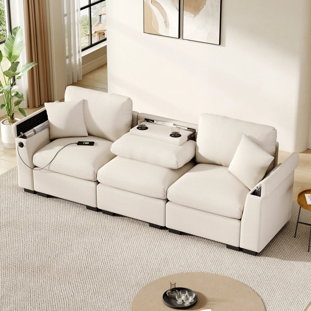 DIVANO 3 POSTI Modulare 242x80x88 cm Chenille Beige