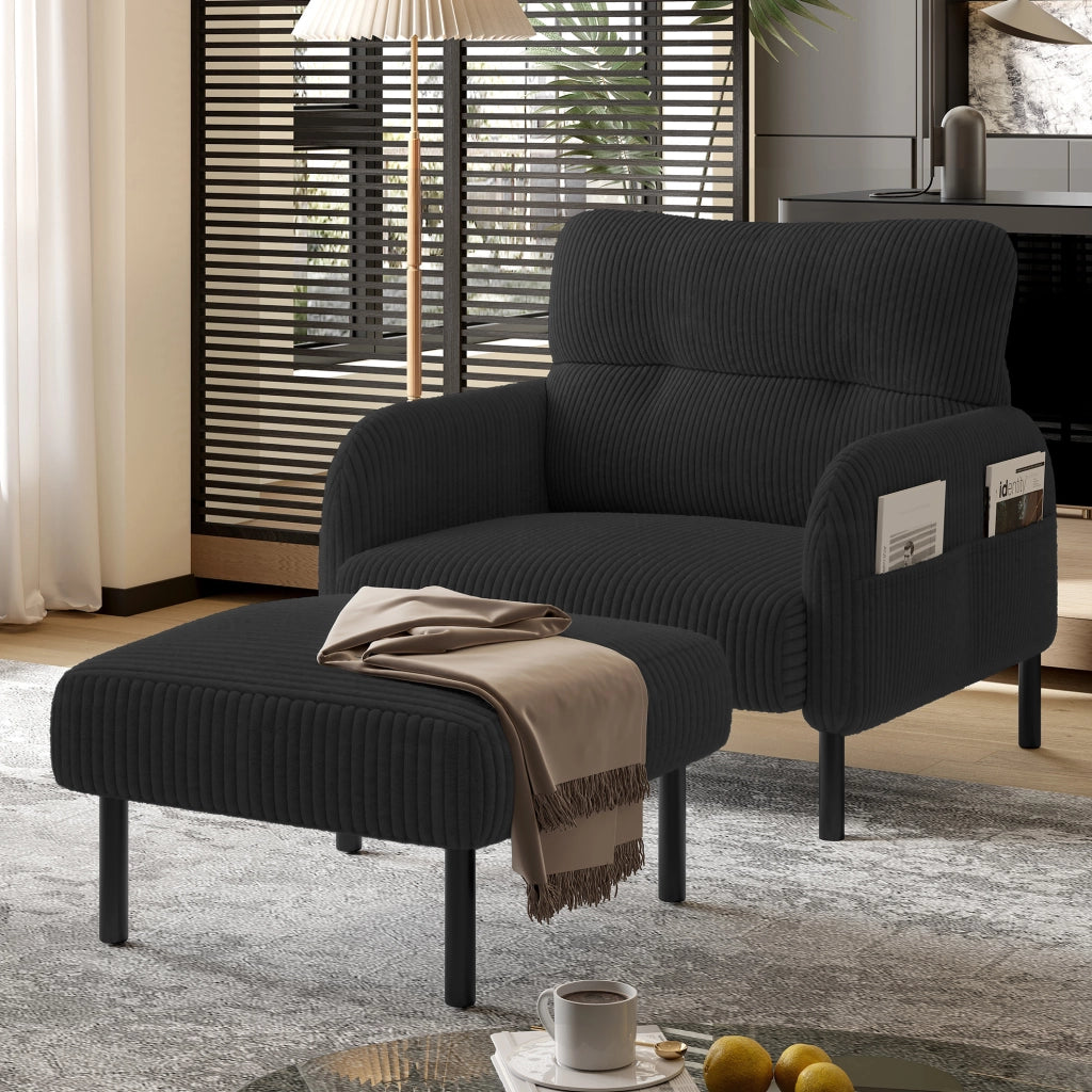 Poltrona singola nera in velluto a coste con tasca laterale e schienale ergonomico confortevole