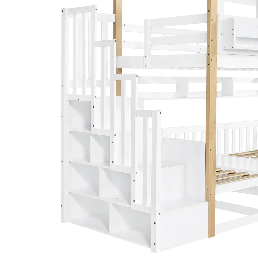 Letto a castello per bambini con tavolo pieghevole regolabile e scala contenitore; 90x200 cm; bianco/naturale