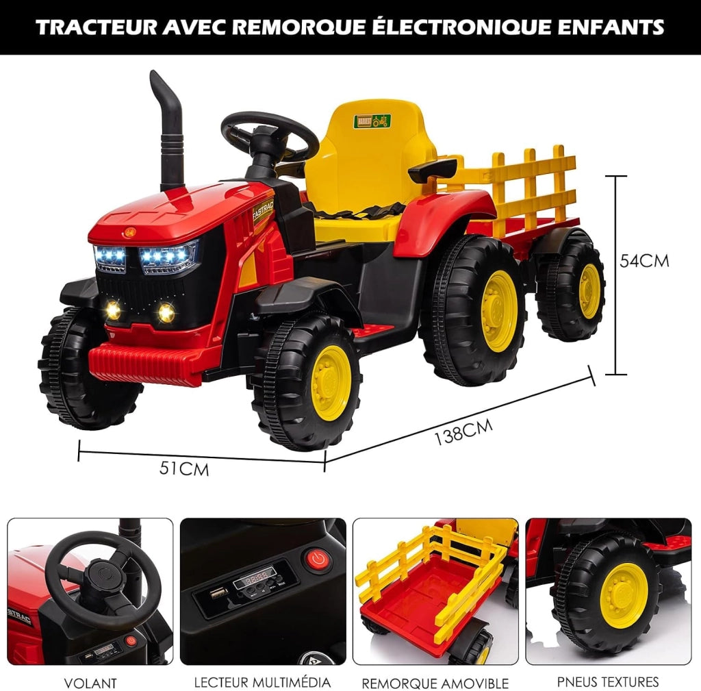 Trattore elettrico da 12V per bambini; con rimorchio staccabile
