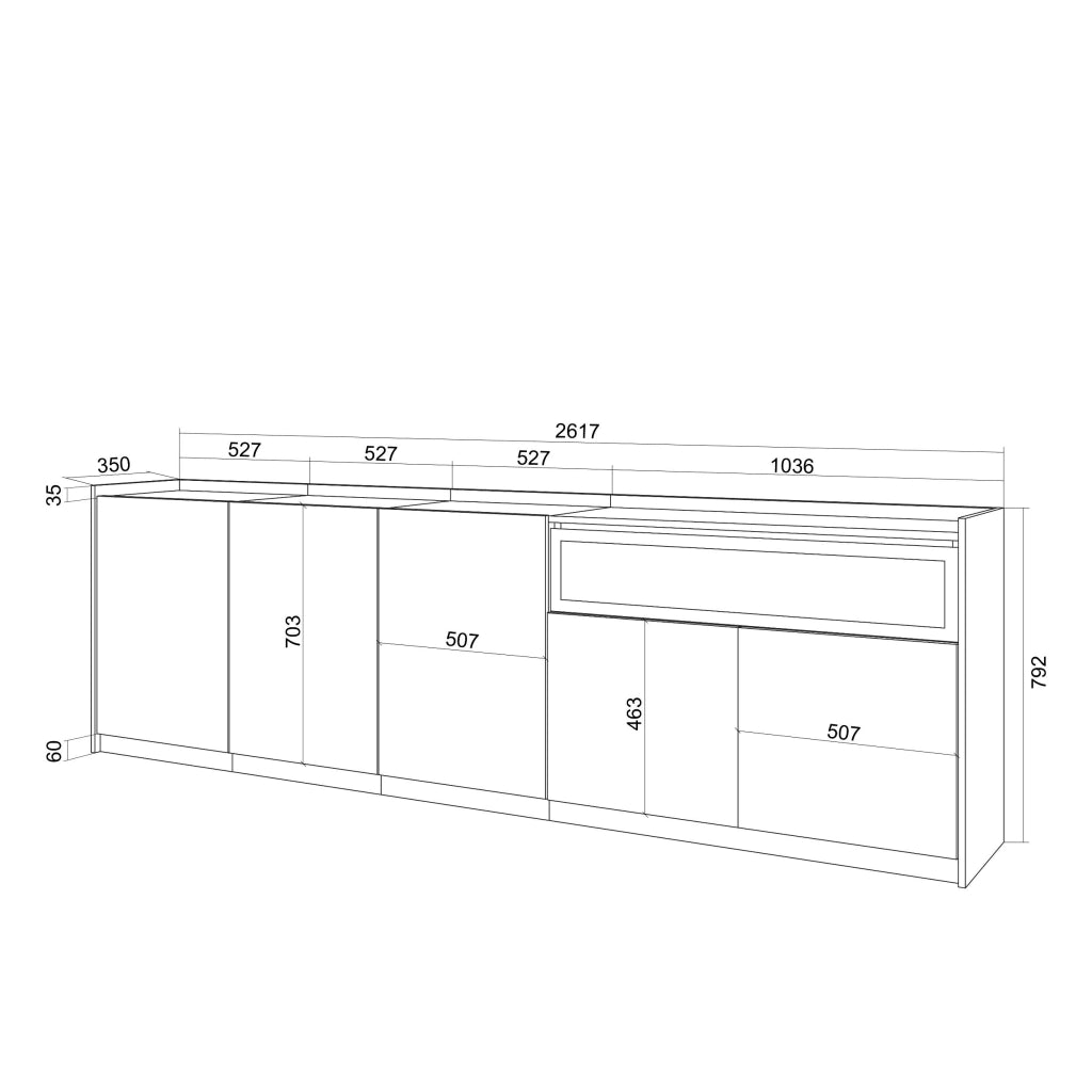 Credenza, Mobile, Cucina, 260x80x37 cm, 5 Porte, Camino elettrico, Nero e rovere