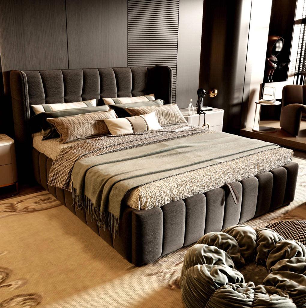 Letto contenitore imbottito 180x200 cm con rete a doghe e testiera grigio