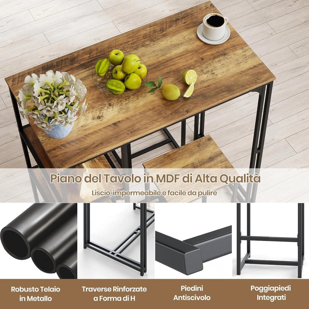 Set 3 Pezzi Tavoli da Bar per 2 Persone, Tavolo da Pranzo con 2 Sgabelli, 3 Ripiani Portaoggetti, Banco Pub e Sedie per Appartamento Piccolo, Cucina e Soggiorno,110 x 60 x 110 cm