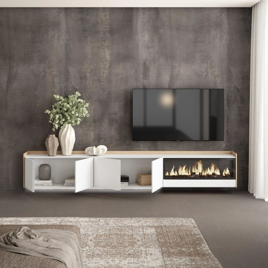 Mobile TV Soggiorno, 315x50x35 cm, Per TV fino a 80", Camino elettrico XXL, Sospeso, da appendere, LED, Bianco e Rovere soft