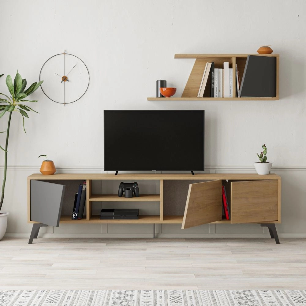 (3c) Porta TV Fiona Rovere con Anta Antracite e Mensola H 48 x P 35,60 x L 180 cm
