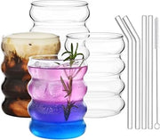 Set di bicchieri a rientranze con canne di vetro, 4 pezzi, 350 ml bicchieri per caffè freddo, Wave Tumbler, bicchieri per birra, per cocktail, latte, acqua, bibite, regalo con spazzola