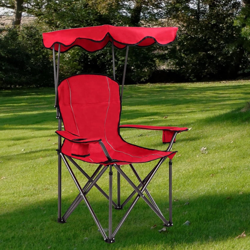 Sedia da Campeggio con Parasole, Sedia Pieghevole da Spiaggia con Portabicchieri, Braccioli, Leggerae e Portatile, Max Portata 120kg (Rosso)