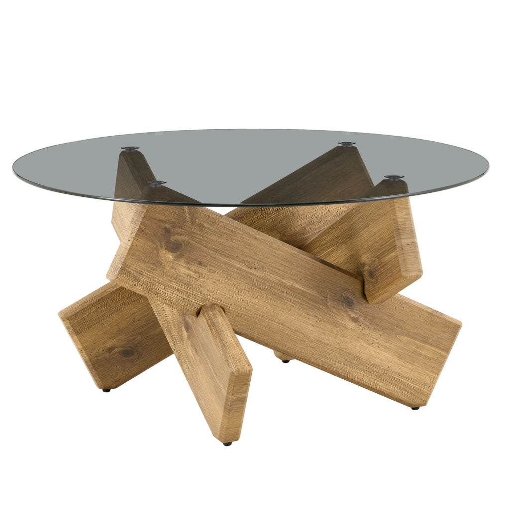 Tavolino rotondo 88.5x88.5x12.5 cm con piano in vetro temperato; base geometrica in MDF naturale