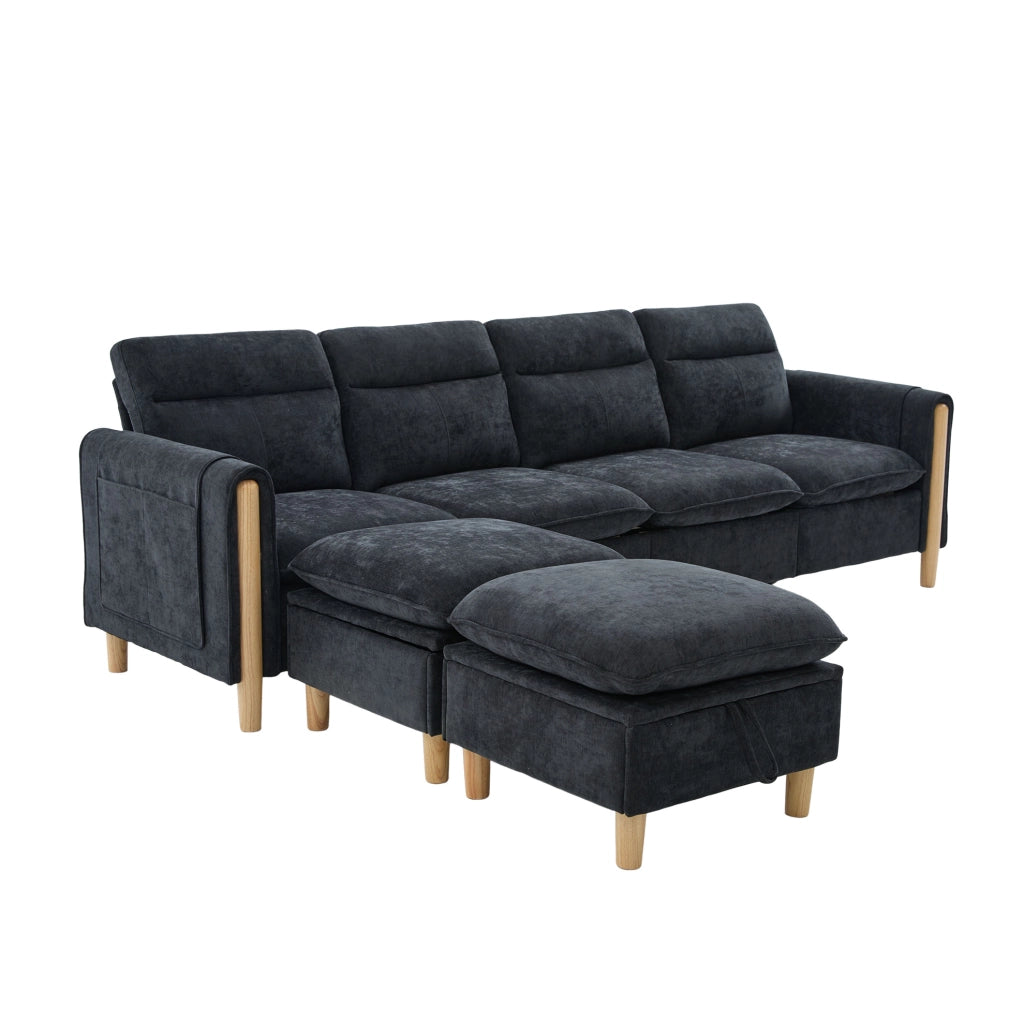 Divano modulare a U a 4 posti con 2 pouf contenitore; in chenille nero; 261 x 77 x 86 cm