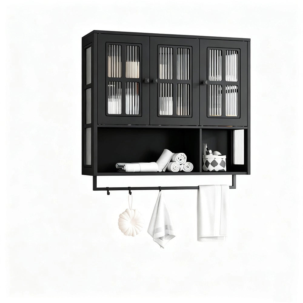 Armadietto da Bagno a Parete ¨C MINIMAL ¨C Nero, 3 Ante, Legno, con Specchio e Porta Salviette