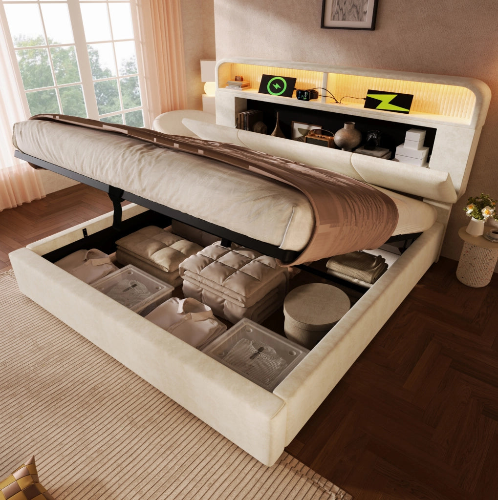 Letto matrimoniale 140x190 cm in velluto beige con testiera regolabile; LED e contenitore