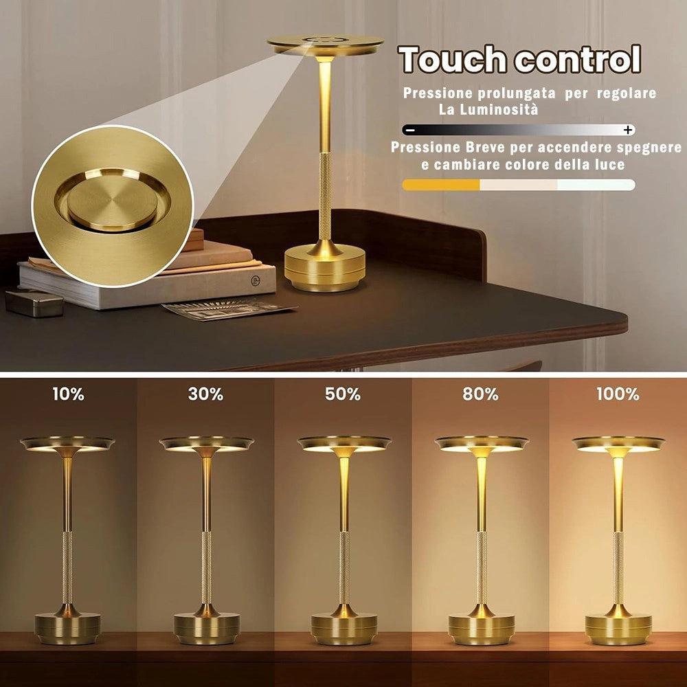 Trade Shop - Lampada Da Tavolo Moderna 3w Lume Ricaricabile Touch Dimmerabile Tecnologia Cct D38-3c - Oro