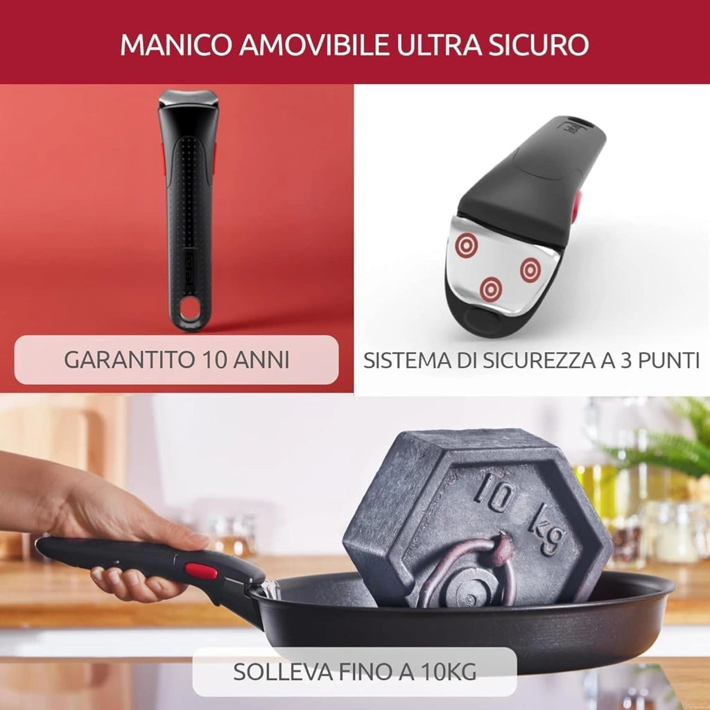 Lagostina Ingenio Essential Plus Set di Pentole, Alluminio per Gas e Forno (no induzione), 17 Pezzi, 2 Casseruole Fonde, 2 Padelle, Tegame, Wok, 5 Coperchi, 5 Proteggi Padella e Manico Removibile