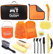 Set di pulizia autoguida con borsa di stoccaggio, set di pulizia auto 16 pezzi, set di pulizia auto con guanto da lavaggio, asciugamani a spugna, guanto da lavaggio auto, set di pennelli per dettagli, set di pulizia auto per esterno e interno