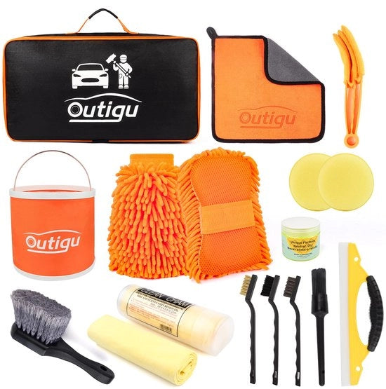 Set di pulizia autoguida con borsa di stoccaggio, set di pulizia auto 16 pezzi, set di pulizia auto con guanto da lavaggio, asciugamani a spugna, guanto da lavaggio auto, set di pennelli per dettagli, set di pulizia auto per esterno e interno