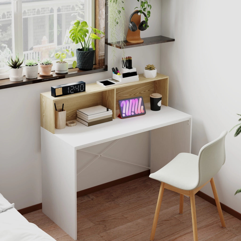 Scrivania con scaffale e 2 cassetti ¨C Zephmum ¨C Bianco e legno naturale 110x50x102,6 cm