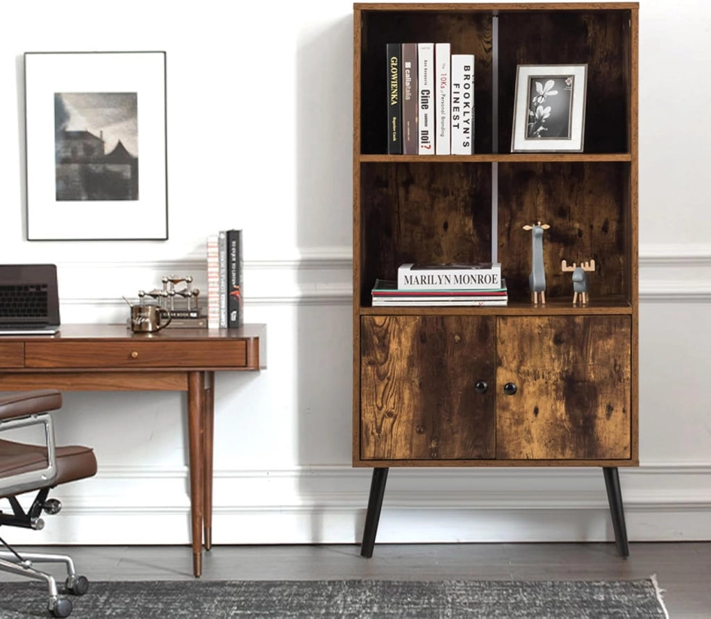 Libreria in Stile Retrò, Scaffale Portaoggetti a 2 Ripiani con Armadio, per Salotto Studio Ufficio, Marrone Vintage, 120x60x30 cm