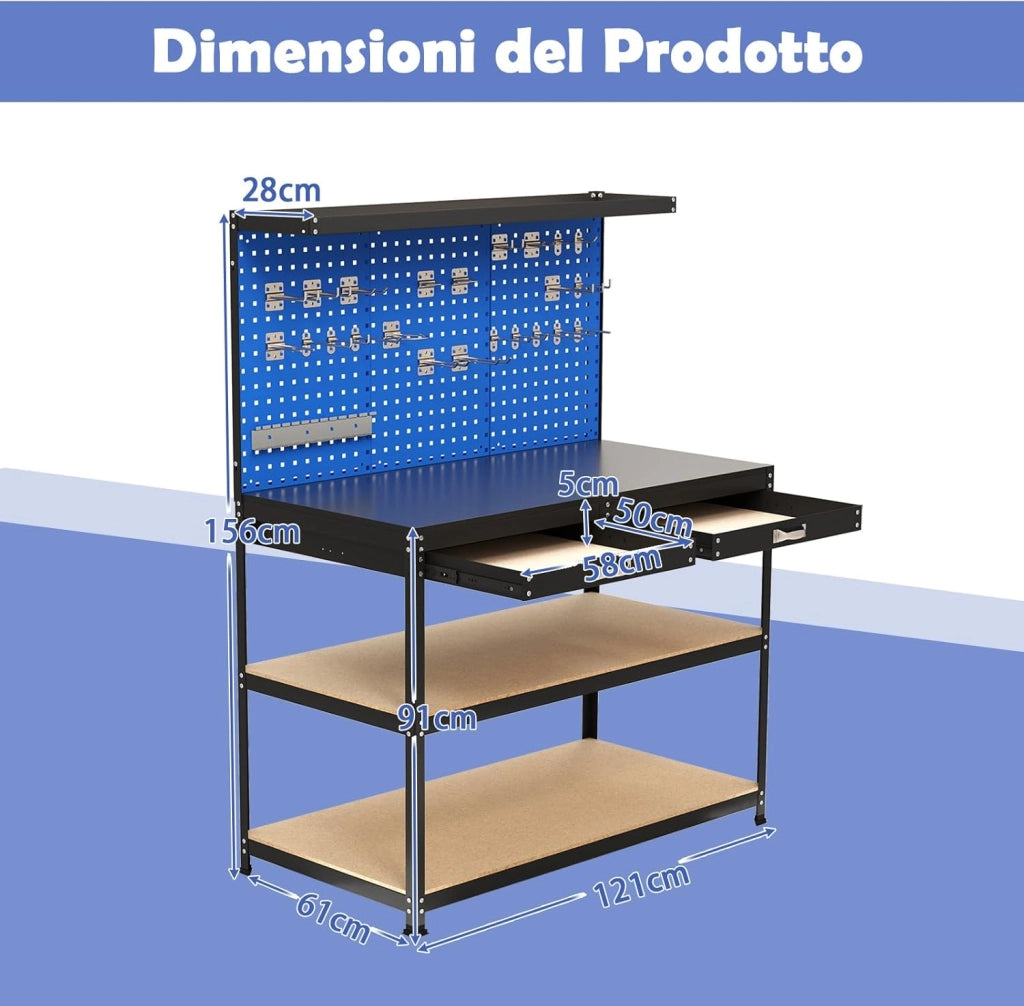 Banco da Lavoro con Piano da 120 x 60 cm, Banco da Lavoro Officina con Pannello Forato e 24 Ganci Porta Attrezzi, Tavolo da Lavoro per Garage con 2 Cassetti e 2 Mensole (Blu)
