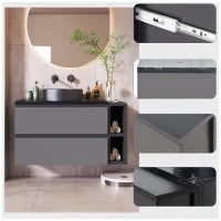Mobile sospeso per lavabo 80 cm di larghezza, con lavabo in ceramica e cassetti, design moderno, MDF, 80×44×60,5 cm, Nero + Grigio