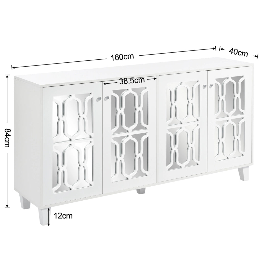 Credenza 160x40x84 cm con 4 ante; superficie specchiata; MDF bianco
