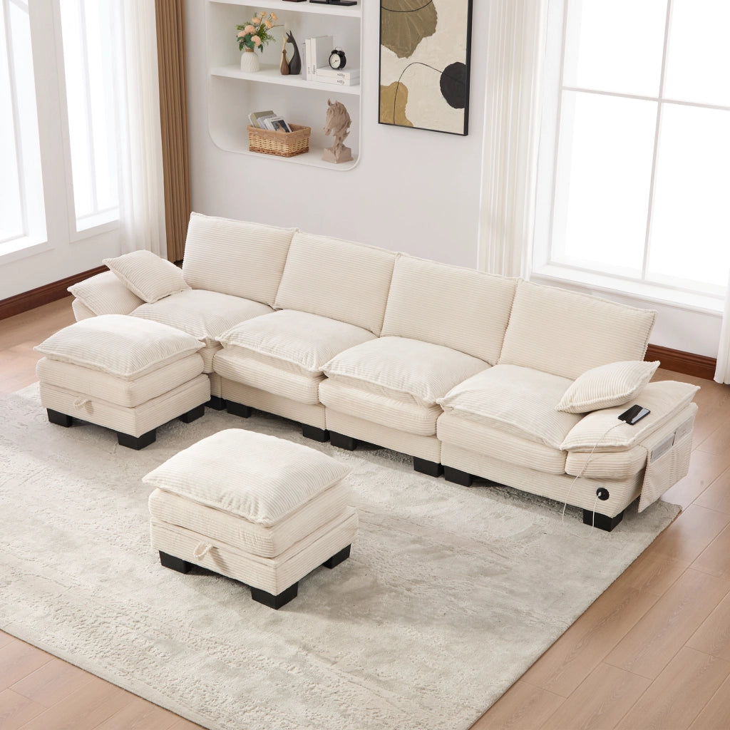 DIVANO Modulare 4 posti 330x132x84 cm in corduroy beige con 2 pouf