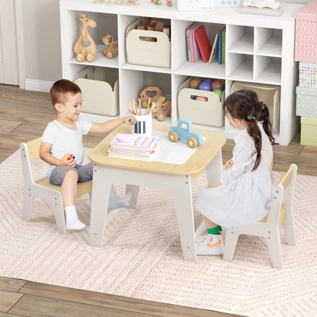 Set tavolo e sedie per bambini con piano lavagna reversibile vano nascosto, Tavolo e 2 sedie ergonomiche Naturale-Tavoli e sedie