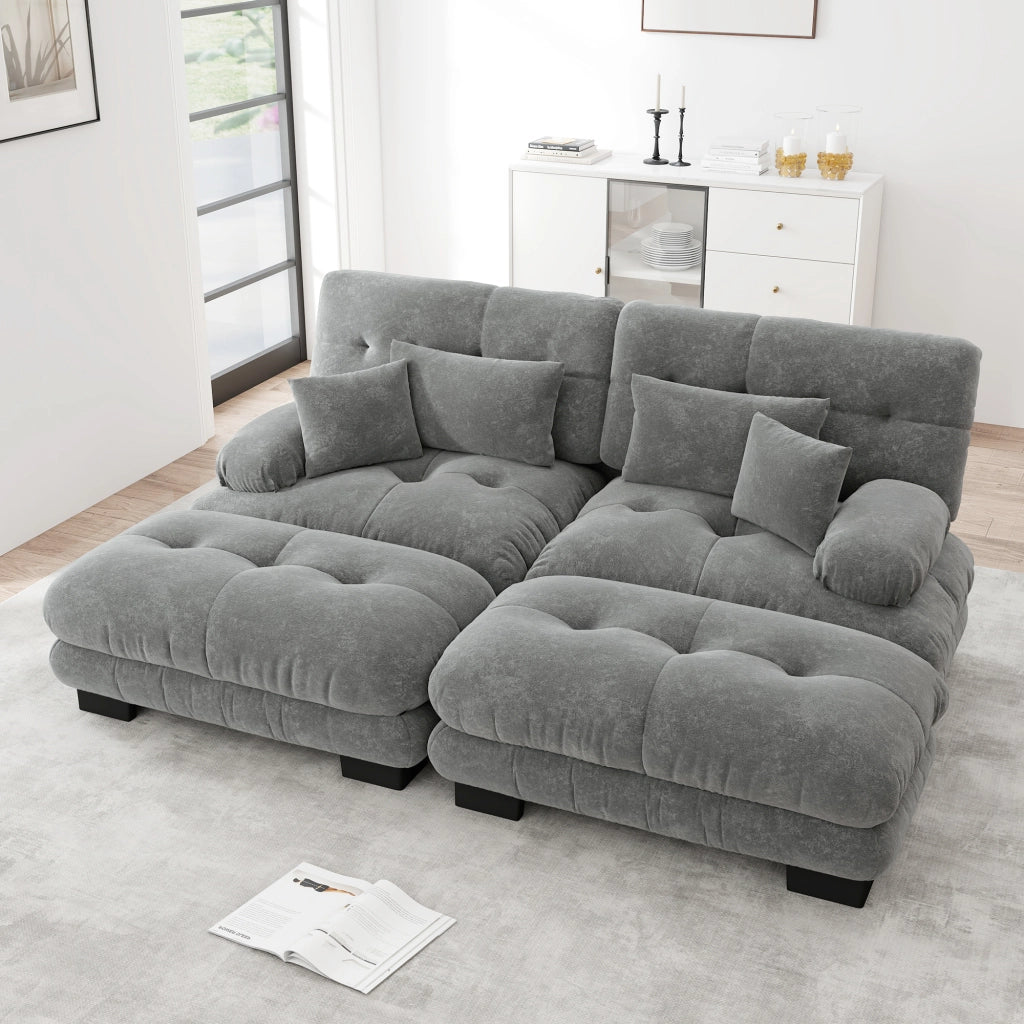 Divano modulare cloud con 2 pouf 2 cuscini lombari e 2 cuscini decorativi braccioli ampi in ciniglia grigio