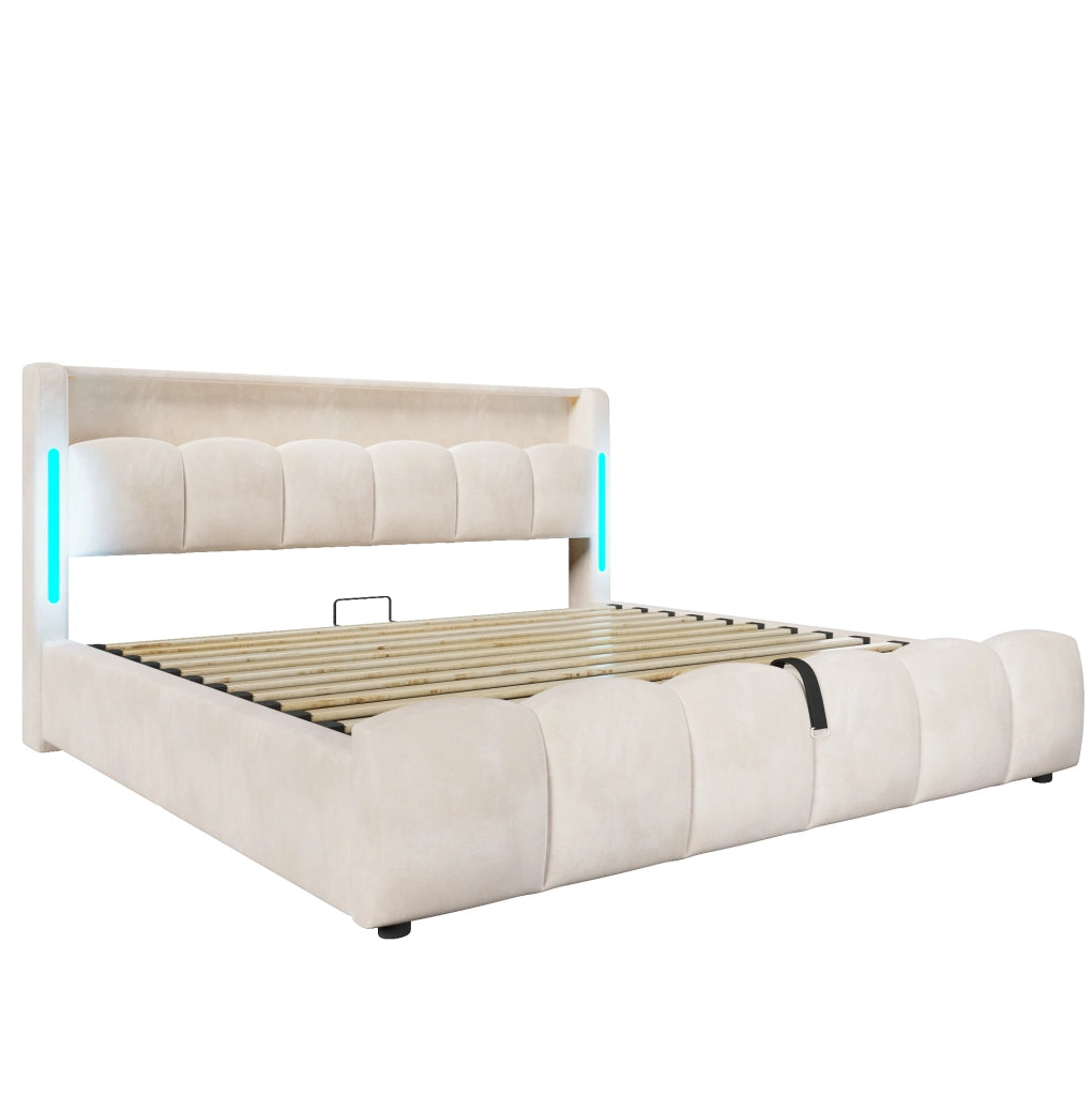 Letto matrimoniale imbottito 180x200 cm in velluto beige con LED; contenitore e USB/Type-C
