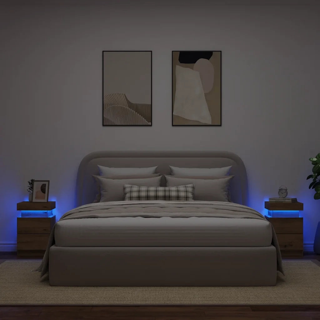Set di 2 Comodini | Armadio da Notte | Mobiletto da notte con LED Rovere Artigianale 40x30x40 cm Truciolato
