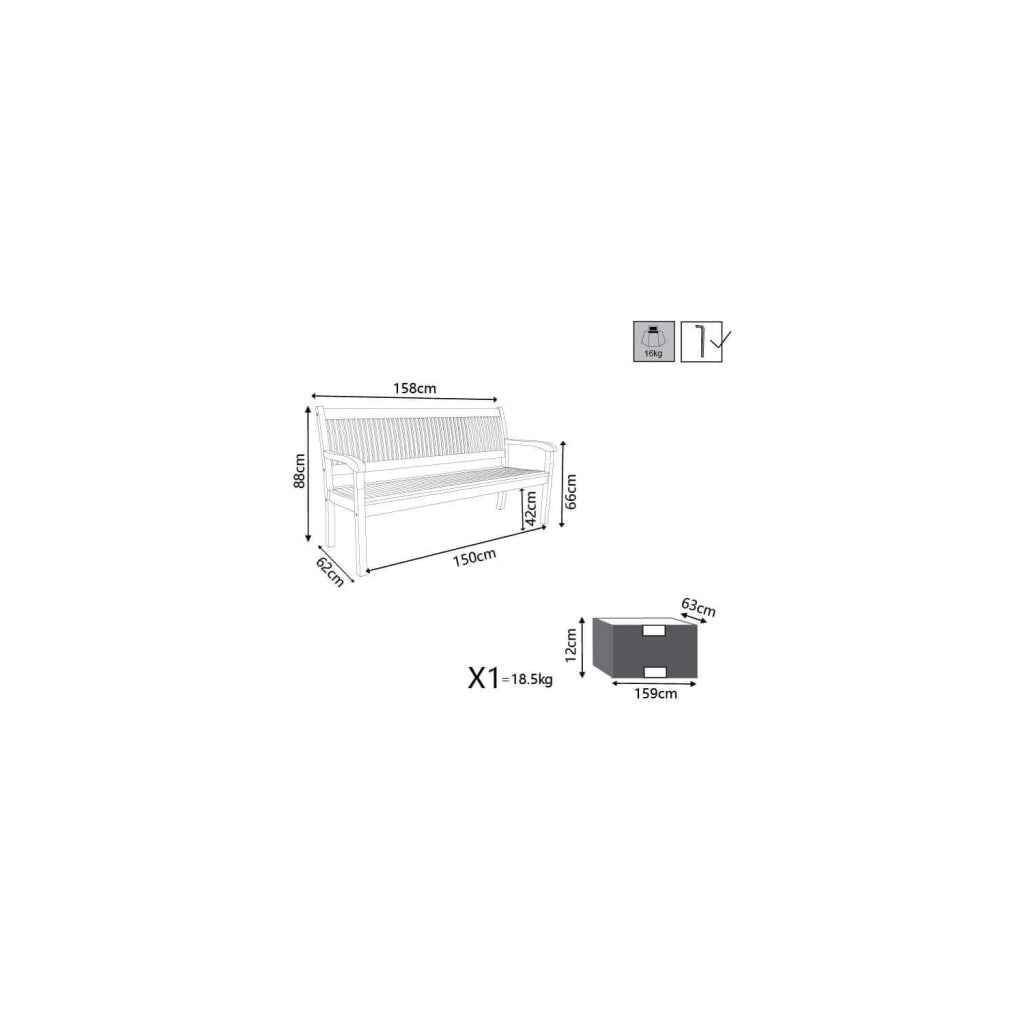 Panca a tre posti in legno massiccio 158x62x88 h cm