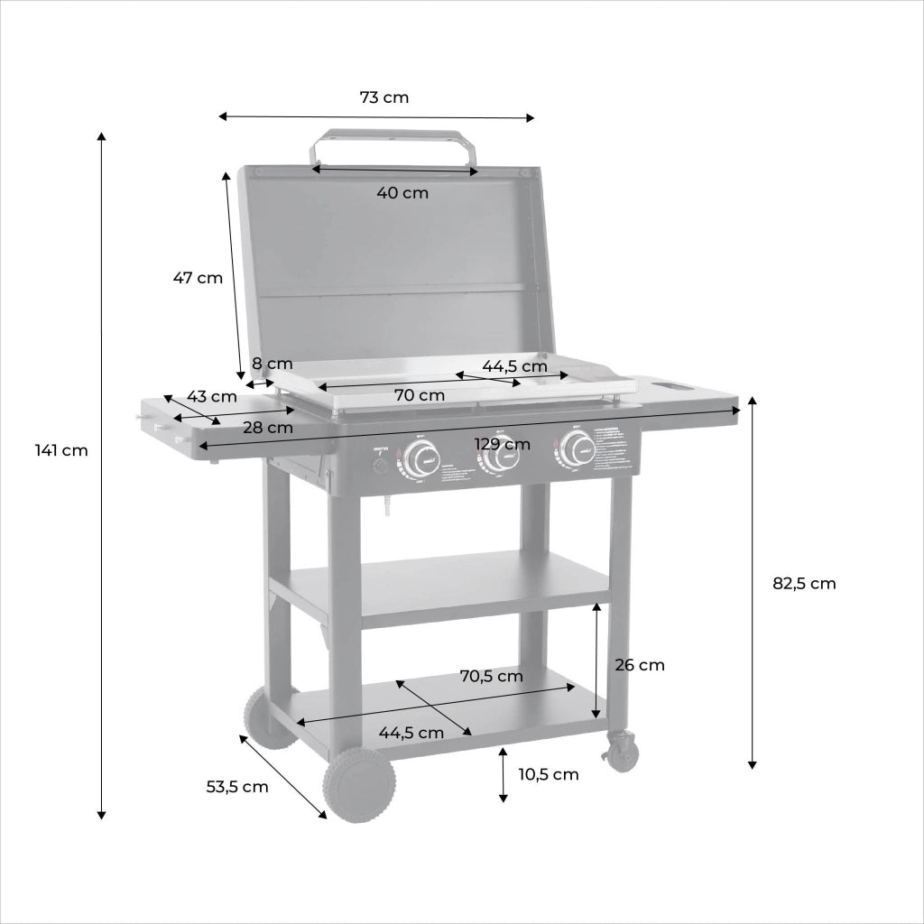 Plancha a gas 3 bruciatori acciaio inossidabile 12kw con carrello,
