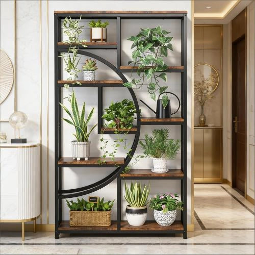 Libreria geometrica con 9 ripiani aperti, struttura in metallo e legno, colore nero e marrone rustico